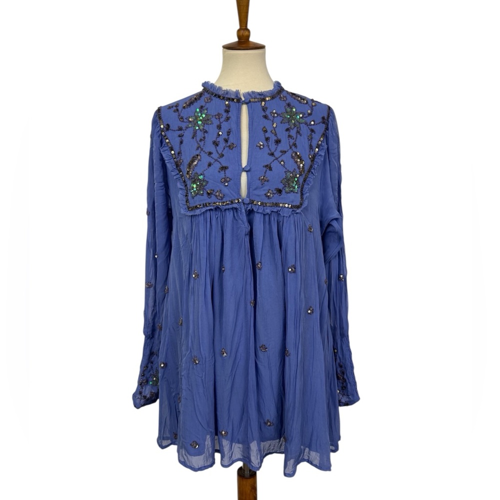 Free People Bali Golden Sun Embellished Beaded Party Mini Dress M Blue